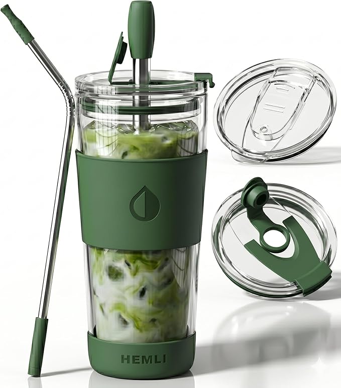 19 oz. Clear Double Wall Glass Coffee Tumbler, To Go Glass Travel Mug with Lid and Straw, Reusable Cup Tea, Smoothies, Ice Coffee, and Boba