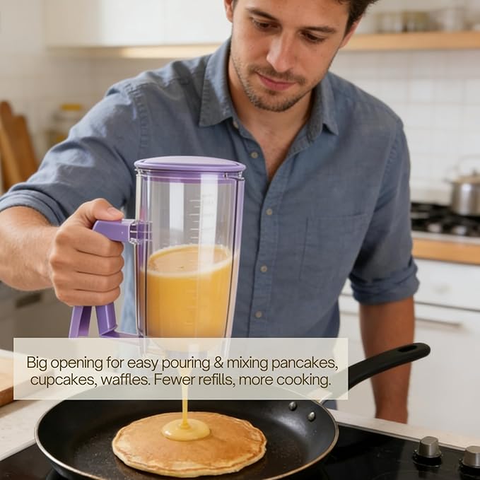 Pancake Batter Dispenser - Kitchen Must Have Tool for Perfect Pancakes, Cupcake, Waffle, Muffin Mix, Cake & Crepe - Baking Supplies for Griddle - Pancake Maker with Measuring Label (Purple)