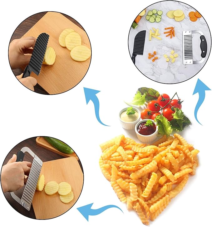 Patelai 2 Pcs Crinkle Cutter Set for Potato Vegetable French Fry, Stainless Steel Blade Wavy Slicer, Wavy Crinkle Cutting Tool Salad Chopping Knife Soap Fruit French Fry Slicer(Plastic Handle,Black)