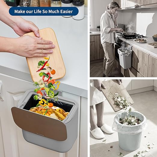1.8 Gallon/7L Hanging Trash Can with Stainless Steel Lid, Mountable Compost Bin for Kitchen Cabinet Door, Under Sink Food Waste Container for RV, Bathroom, Office