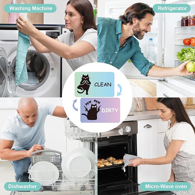 Funny Black Cat Clean Dirty Dishwasher Magnet - Cute Refrigerator Kitchen Magnet, Non-Scratch Strong Double Sided Washing Machine Sign, Housewarming Gifts for Cat Lovers, Home Apartment Essentials (Macron Color)