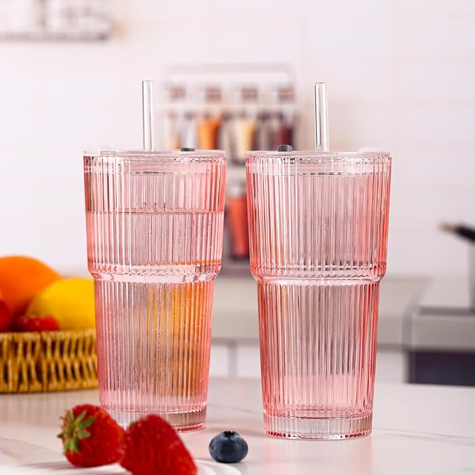 4PCS Pink Ribbed Glass Cups with Lids and Straws, 20oz Vintage Drinking Glasses, Aesthetic Iced Coffee Cups, Glass Tumbler for Boba, Beer, Tea, Cocktails, Ribbed Glassware Set,Pink
