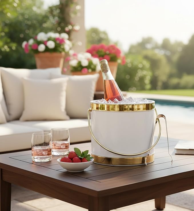 Made In USA Metallic Deco Collection Double Walled Insulated Ice Bucket With Ice Tongs (3-Quart, White & Gold)