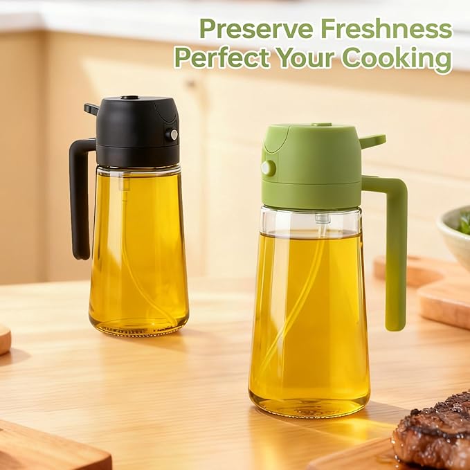 2Pcs Glass Oil Sprayer for Cooking 16oz/470ml, Kitchen Gadget for Air Fryer, Salad, BBQ, Frying(Black+Green)