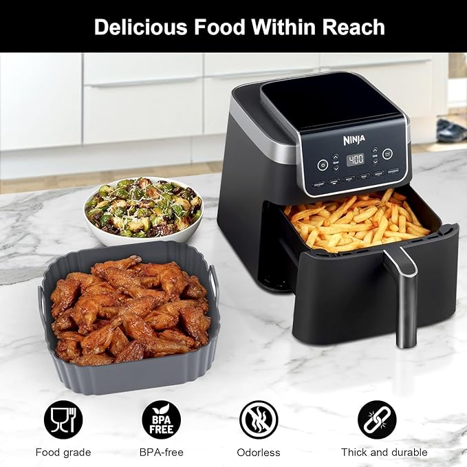 Square Silicone Air Fryer Liners 2 Pack, Compatible with Ninja AF141 181, 8.5 Inch Air Fryer Liners for COSORI 5-6.5 QT, Reusable Silicone Basket, Air Fryer Accessories