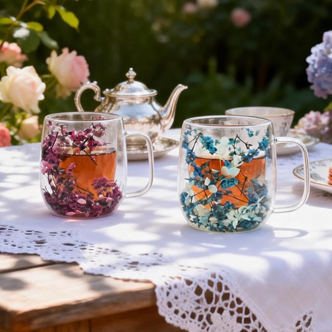 Real Flower Glass Tea Cup, Double Wall Borosilicate Coffee Mug with Preserved Flowers, Clear Aesthetic Floral Glassware, Romantic Gift for Women, Mom, Girlfriend, Motherâs Day & Womenâs Day