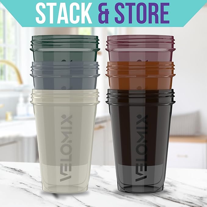 VELOMIX -6 PACK- 20 oz Protein Shaker Bottle for Protein Mixes - 6x Wire Whisk | Leak Proof Shaker Cups for Protein Shakes| Stackable Protein Shaker Bottle Pack | Dishwasher Safe (Mood Tones)