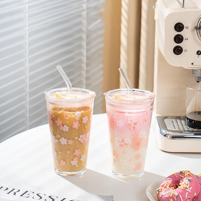 Olvini 15oz Glass Tumbler with Glass Straw and Lid, Cute Iced Coffee Cups, Aesthetic Glass Cups, Coffee Tumbler, Water Cup, Matcha Cup, Drinking Glasses (Cherry blossom)