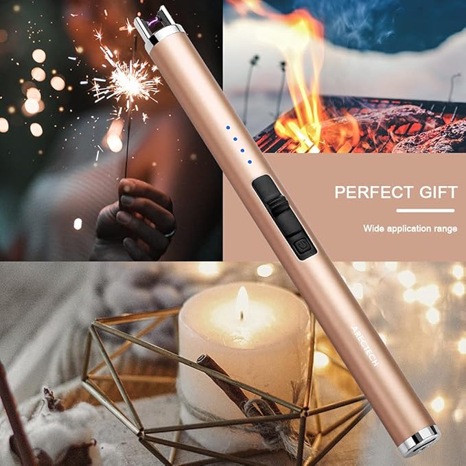 ARECTECH Rechargeable Electric Candle Lighter, Arc Plasma Windproof Lighter for Candle Kitchen Birthday, Christmas Stocking Stuffers Gifts for Mom Men Wife with Type-C Cable, Gold