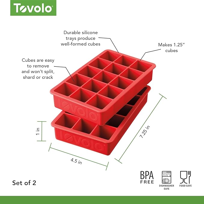 Tovolo Silicone Ice Cube Tray Candy Apple Red Pack of 2 BPA Free Ice Tray Mold for Coffee Drinks Cocktails, Dishwasher Safe Easy Release Perfect 1 Inch Cube Ice Tray for Whiskey Bourbon Spirits