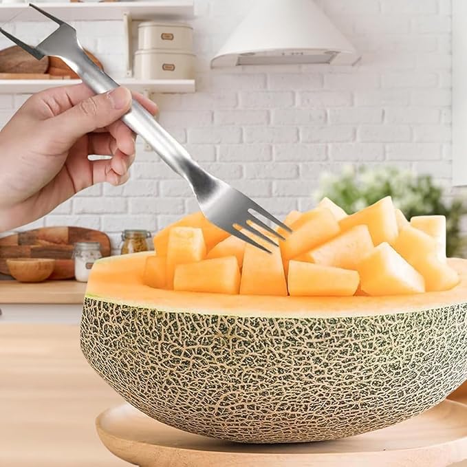 Watermelon Cutter, 2-in-1 Stainless Steel Fruit Cutter, Dual Head Watermelon Fork Slicer Tool, Summer Fruit Cutting Kitchen Gadget for Home (2PCS)
