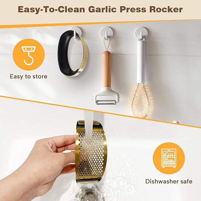 Cook Guy 304 Stainless Steel Garlic Press Rocker Set - Premium Garlic Mincer, Crusher, Peeler, and Scraper Tool for Effortless Mincing - Comfortable Grip Garlic Grinder (Gold)