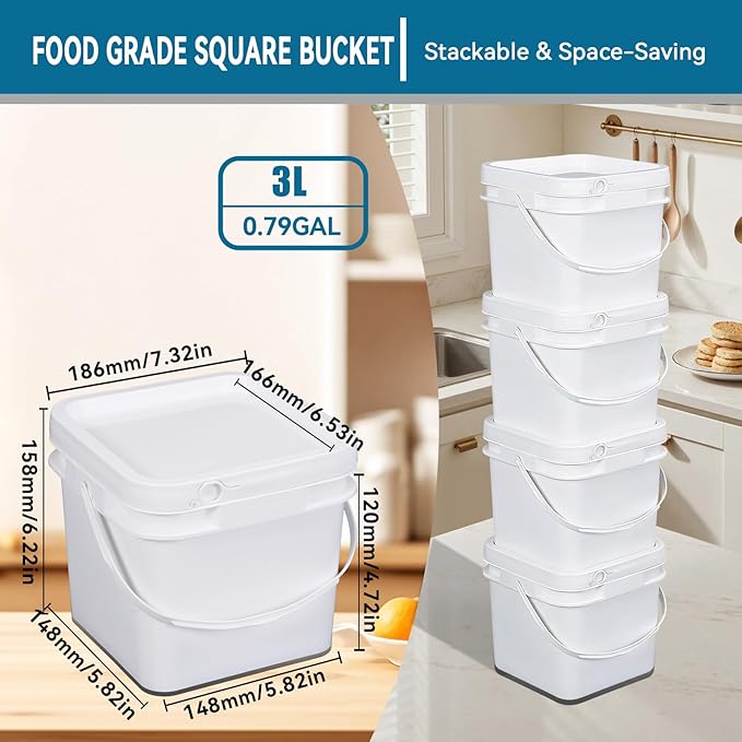 Bucket with Lid - 4 Packs Square Clear Plastic Storage Containers, Food Safe with Handle, Airtight Pressure Lids for Kitchen & Home (White, 0.8 gal)