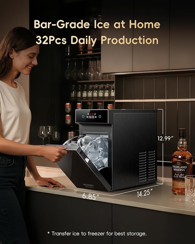 ecozy 2.4" Clear Ice Ball Maker Countertop with CrystalFlux Technology, Minimal Footprint Sphere Ice Maker with 8H Timer, 1 pcs in 40 Mins, 32 pcs/Day, Self-Cleaning for Home Bar Whiskey & Bourbon