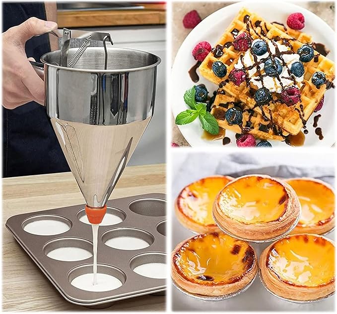 40 oz Pancake Batter Dispenser Stainless Steel Multi Caliber Nozzle with Squeeze Handle and Stand for Pancakes Cupcakes Funnel Cakes Waffles Baked Goods