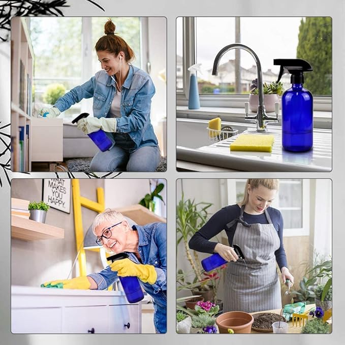 Worldgsb Glass Spray Bottles, 16oz Blue Glass Spray Bottles with Labels & Adjustable Nozzle, Reusable Containers for Cleaning, BBQ, Food, Plants, Alcohol, Essential Oils(1 Pack)