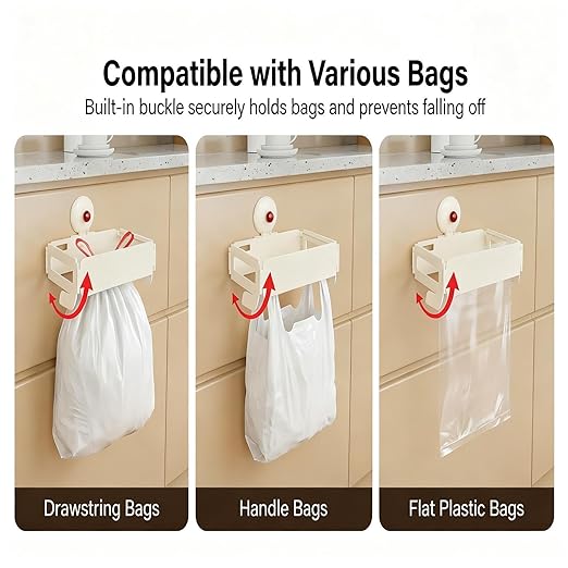 Folding Trash Bag Holder, Removable Suction Cup Kitchen Trash Can Hanging Rack, Collapsible Garbage Bag Holder, Wall Mount Space Saving Towel Hanger for Kitchen/Bathroom/RV/Cabinets/Dorm Room