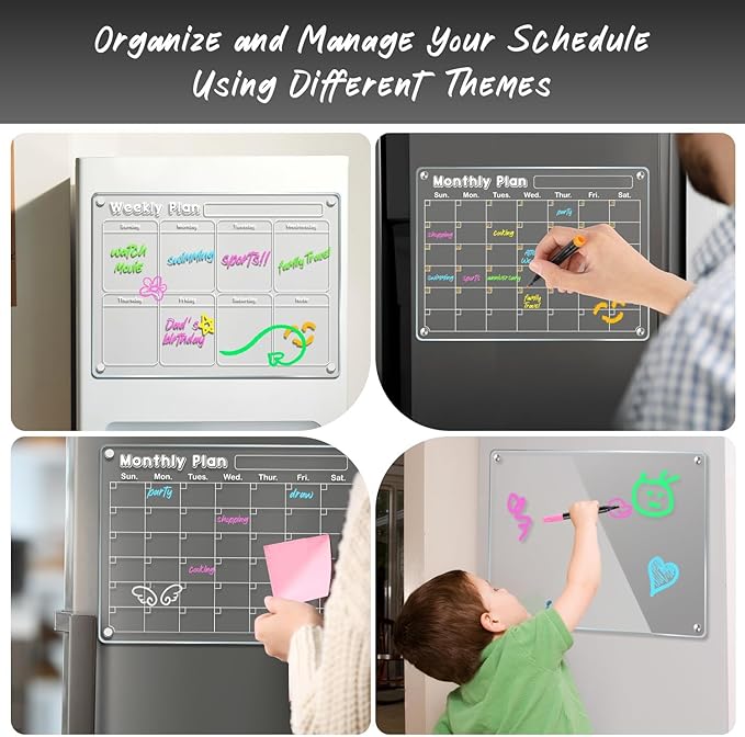 DIYMAG Magnetic Calendar for Refrigerator 4 PCS Dry Erase Whiteboard 15.2"x11.2" Magnet Fridge Wall Planners Planning Acrylic Clear Chalkboard Apartment Decor Meal Planner with 6 Colors Markers