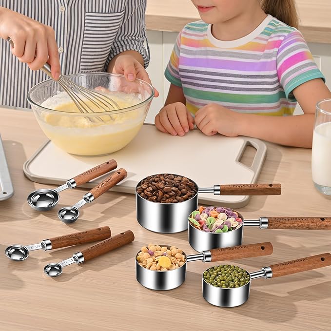 Stainless Steel Measuring Cups and Spoons Set of 8, Stackable Wooden Handle Metal Measuring Cup & Spoon Set with Metric & US Measurements, Rustic Farmhouse Kitchen Gadgets for Dry & Liquid Ingredients