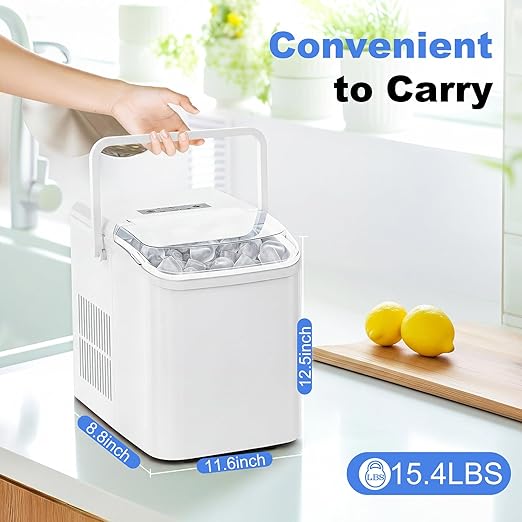 NEWBULIG Ice Makers Countertop with Handle, Portable Ice Machine, 9 Bullet Ice Cubes in 6 Mins, 26lbs in 24Hrs, Auto-Cleaning, with Basket and Scoop, for Home, Kitchen, RV, Camping,White