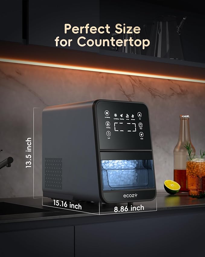 ecozy Nugget Ice Maker Countertop, 40Lbs/24H Chewable Pebble Ice, One-Touch Timer Control, Self-Cleaning Sonic Ice Machine with TDS Water Tester, Pull-Out Ice Basket, Compact for Home Kitchen Office