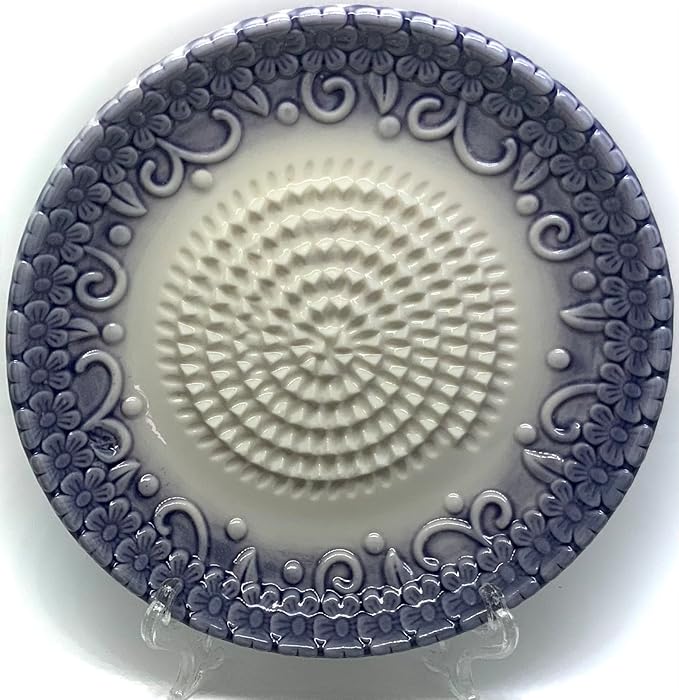 BonCera, All-in-one Premium Ceramic Garlic Grater Plate 4-Piece Set - Purple Embossed Design and Style - For Garlic, Ginger, Chocolate, and more! - Comes with 5.25" Plate, Peeler, Brush, and Stand