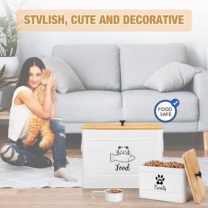 Reallnaive Extra Large Metal Cat Food Containers Airtight 12+3.5 lbs Cat Treat Snack Jars Set of 2 with Bamboo Lids and Spoons Farmhouse Big Pet Cookie Storage Jars for Kitchen Counter Gifts(White)