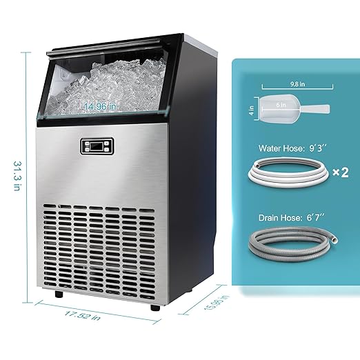 EUHOMY Commercial Ice Maker Machine - 110lbs Daily Production, 33lbs Ice Storage, Stainless Steel Freestanding & Under Counter Ice Maker, Ideal Ice Maker for Home/Bar/Restaurant/Outdoor Activities