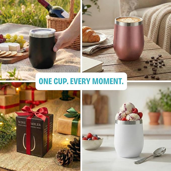 CHILLOUT LIFE 12 oz Stainless Steel Wine Tumbler with Lid - Double Wall Vacuum Insulated Wine Cup Glass Keeping Cold & Hot for Coffee, Champagne, Cocktails, Ice Cream - Powder Coated Navy Blue