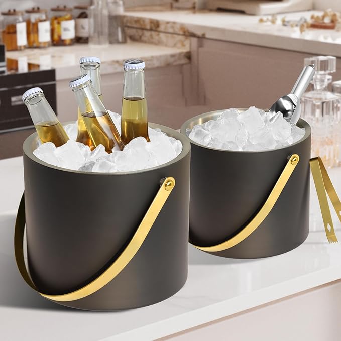 Bakpoco 4L Ice Bucket with Silicone Lid, Scoop, Gold Tongs & Strainer, Stainless Steel Double Wall Insulated Ice Buckets for Parties & Cocktail Bar Outdoor Champagne Ice Container Bin, Black