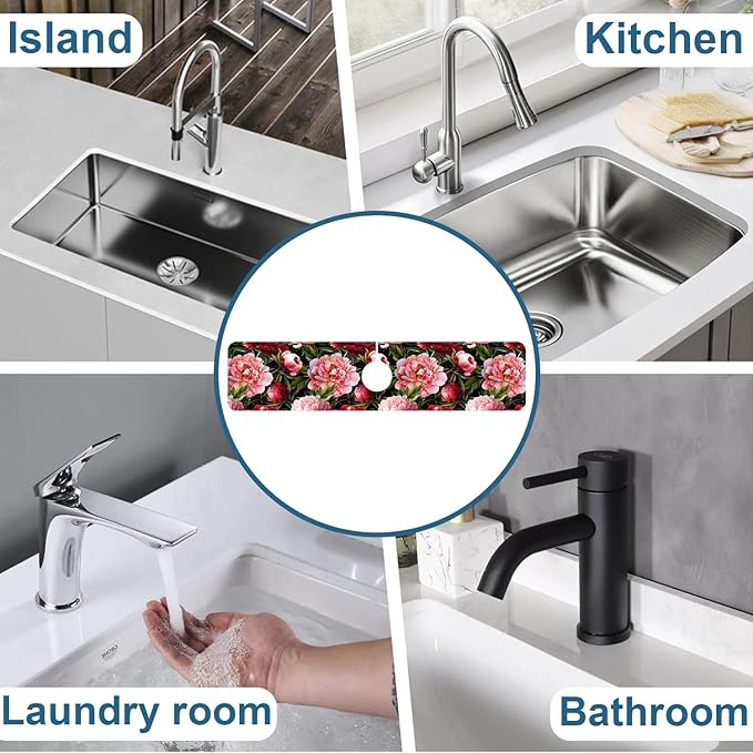 Blooming Peony Sink Splash Guard Pink Peony Flowers Faucet Absorbing Mat Fast Drying Mat Sink Gadgets Splash Guard Behind Faucet Drip Catcher for Kitchen Bathroom, 23.5"x5.5"