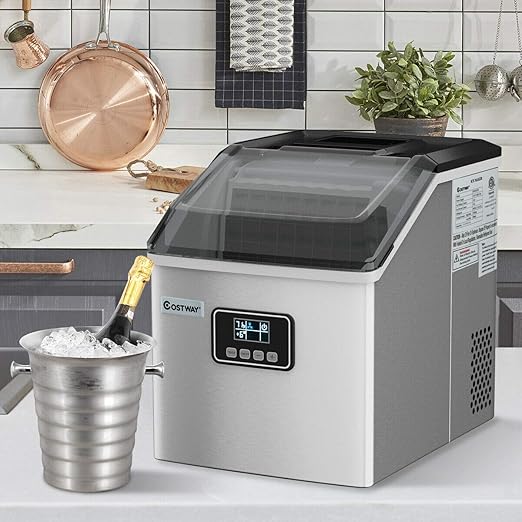 COSTWAY Ice Maker Countertop, 48LBS/24H Automatic Ice Stainless Steel Machine with Self-Cleaning Function, Easy-to-Control LCD Display, Timer Function, See-Through Window with Ice Scoop and Basket