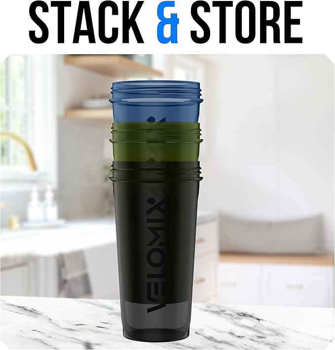 VELOMIX -3 PACK- 18 oz Protein Shaker Bottle for Protein Mixes - 1x Wire Whisk | Leak Proof Shaker Cups for Protein Shakes | Stackable Protein Shaker Bottle Pack | Dishwasher Safe
