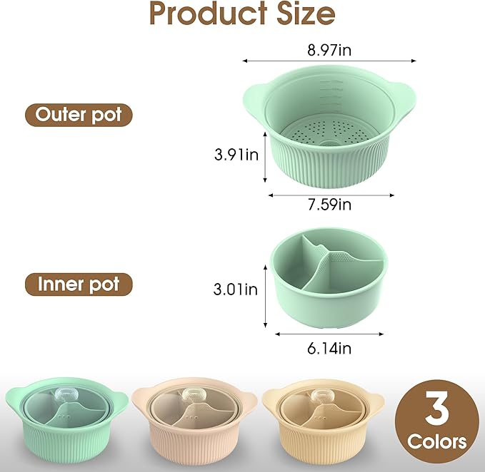 42oz Microwave Silicone Steamer 3 Compartmented, 4 in 1 Large Microwave Pot with Handle & Lid for Vegetables/Baby Food, Oven & Dishwasher Safe, Easy Clean,100% Food Grade Steamer Bowl (Green)