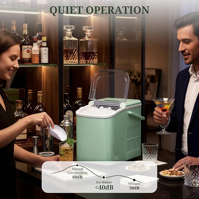 Ice Maker, Portable Ice Makers Countertop with Handle, Basket & Scoop, 26Lbs/24Hrs, 9 Bullet Ice Cubes in 6 Mins, 2 Ice Sizes, Self-Cleaning, Quiet Compact Ice Machine for Home Kitchen Party, Green
