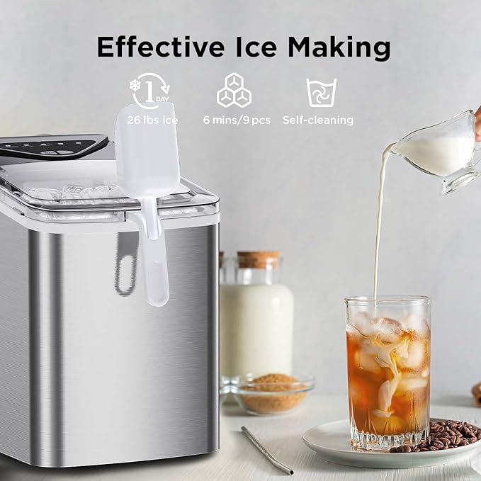 Silonn Countertop Ice Maker Machine, 9 Ice Cubes Ready in 6 Mins, 26 lbs/24 Hrs Portable Ice Maker with Basket & Scoop, 2 Ice Sizes, Self-Cleaning Compact Ice Machine for Home, Party, Office