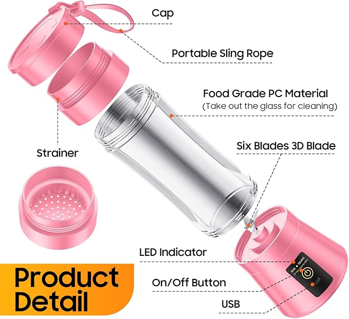 Portable Blender for Smoothies & Shakes - Cordless Personal Size Blender with 6 Blades, 380Ml Juice Cup, Lightweight & Rechargeable, Freshly Squeezed for Picnic/Sports/Office