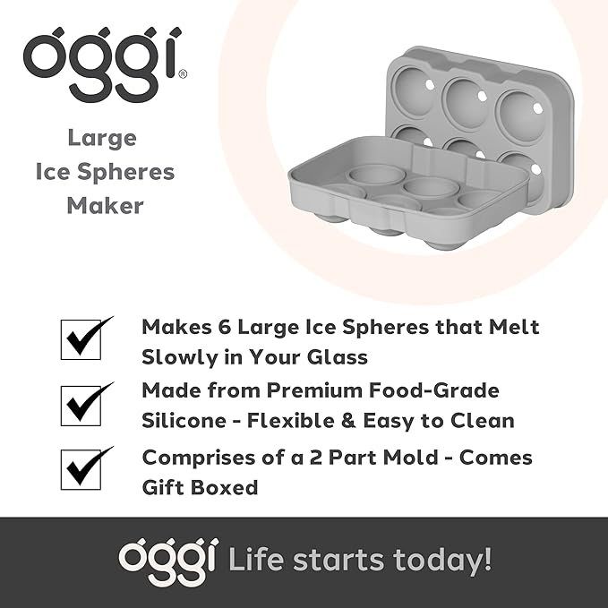 OGGI Ice Cube Tray, Ice Ball Molds, Large Ice Sphere Maker, Flexible 6 Cavity Silicone Ice Ball Trays for Freezer, Slow Melting Big Ice Spheres for Whiskey, Cocktails & Juices, BPA Free - Gray