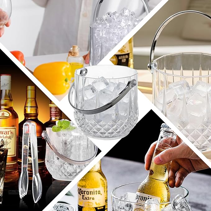 Crystal Ice Bucket with Handle & Tongs-1.1 L Plastic Clear Champagne Ice Buckets for Parties, Beer, Wine, Drinks, Cocktails,-Soda, Mimosa Bar Supplies (Style-B, 37 oz (1.1 L))