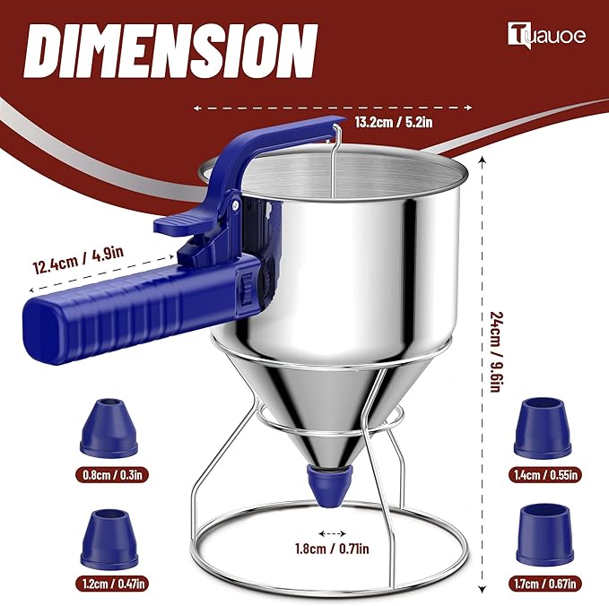 Stainless Steel Pancake Batter Dispenser, 40oz Batter Dispenser with Squeeze Handle, Great for Pancakes, Cupcake, Waffle or Any Baked Goods, Durable, Leak-Free, Klein Blue