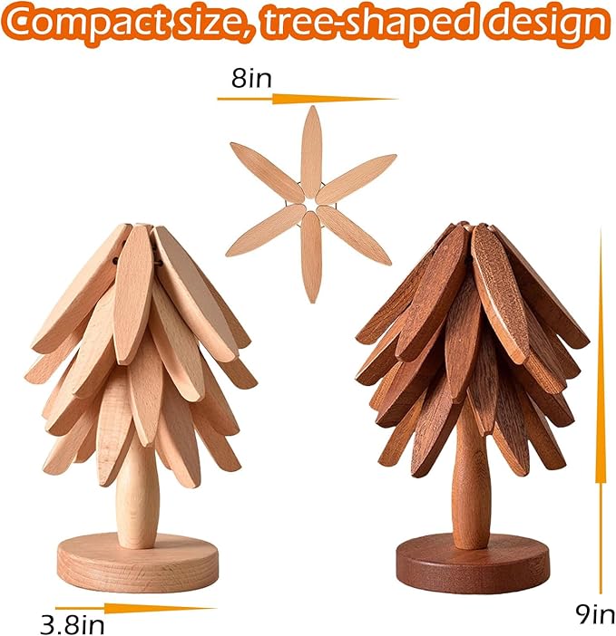 Wooden Tree Trivets for Hot Dishes - Set of 4 with Stand, Natural Foldable Kitchen Trivets for Pots, Pans, Bowls & Teapots - Walnut