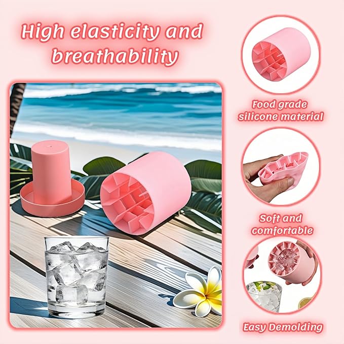 3D Upgraded Silicone Ice Cube Tray with Easy Release-30 Cubes, Leak-Proof&Space-Saving for Freezer,RV,Office-BPA-Free Fast Ice Maker for Drinks,Cocktails, Party (Includes Travel Ice Bucket) (Pink)