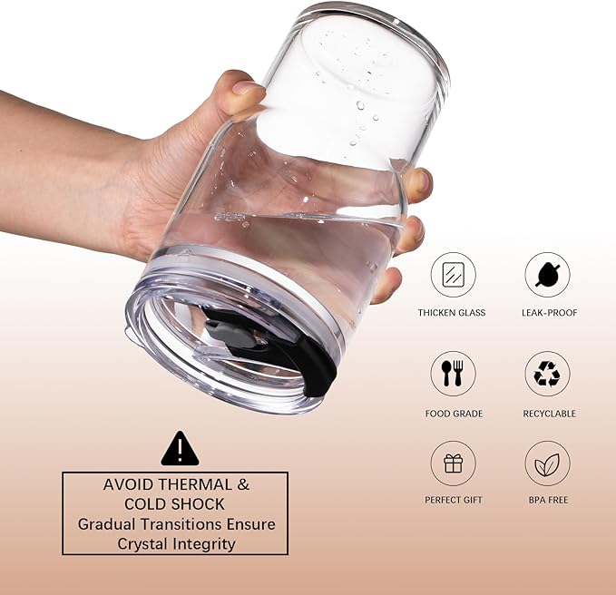 BLUEPOLAR 470ml/16oz Ribbed Glass Tumbler with Straw and Lid, BPA-Free Reusable Iced Coffee Cups with Lids, Thickened Coffee Tumbler for Office/Travel/Car (18oz)