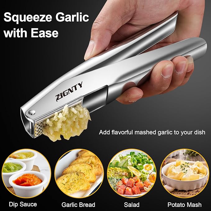 Garlic Press Stainless Steel,Professional Garlic Mincer Tool No Need to Peel,Dual Lever-Assisted Garlic Masher with Large Chamber,High Effective Garlic Crusher & Garlic Presser Dishwasher Safe