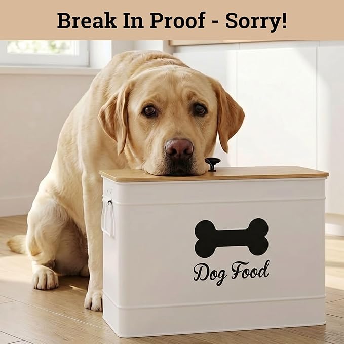Dog Food Container Airtight 15 lb (50 Cup) Capacity with Metal Scoop - Cute Airtight Dog Food Storage Container with Bamboo Lid - White Metal Kibble Storage Bin for Dogs up to 100 lbs - Big Pet Jar