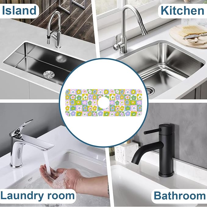 Cute Flowers Kitchen Sink Splash Guard Faucet Mat Retro Floral Super Absorbent Fast Drying Mat Sink Splash Guard Behind Faucet for Kitchen Bathroom, 15.5"x5.5"