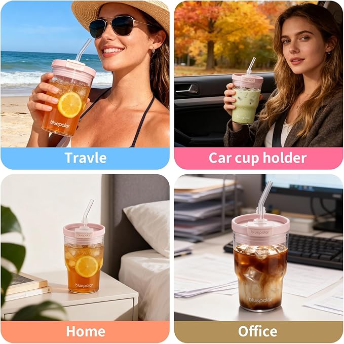 Iced Coffee Glasses with Lids and Straws,Car Cup Holder Friendly, Leakproof Portable Tumblers for Cold Brew, Juice & Smoothie, Ideal for Travel, Office & Gym, BPA-Free Reusable (pink,16, ounces)