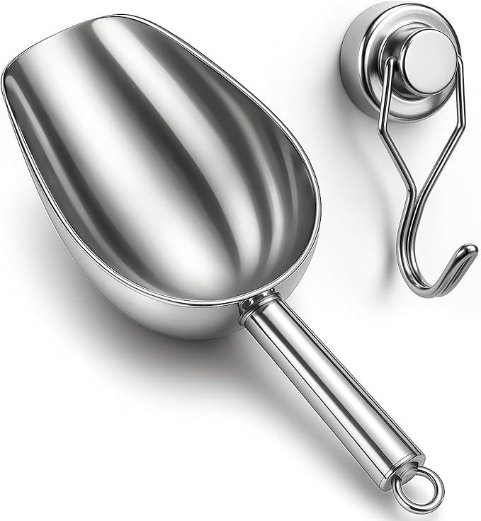 Stainless Steel Ice Scoop for Freezer with Magnetic Hook - Ice Scoop for GE Profile Opal 2.0 Nugget Ice Maker, for Kitchen Ice Bucket Bar Party Accessories(8OZ-Silver)