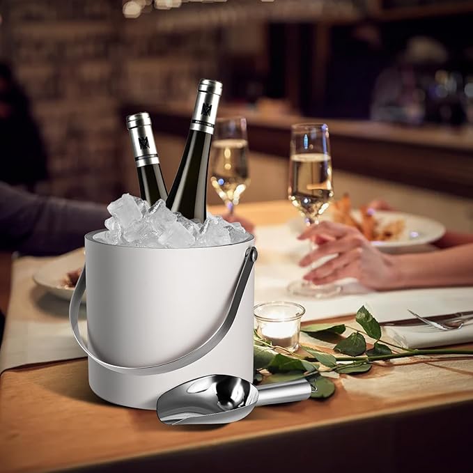 Bakpoco Insulated Ice Bucket with Silicone Lid, Scoop, Tongs & Strainer, 3L Stainless Steel Double Wall Ice Buckets for Parties & Cocktail Bar, Champagne Ice Bucket with Lid for Freezer, Ivory