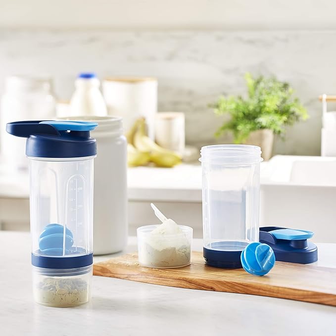 Amazon Basics Leak Proof Protein Shaker Bottle with Mixer Ball and Compartments, Portable, Dishwasher Safe, 20 oz, Blue, 2-Pack